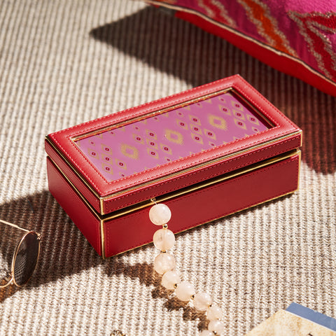 Red Glass Printed Rectangle Faux Leather Box with Lid