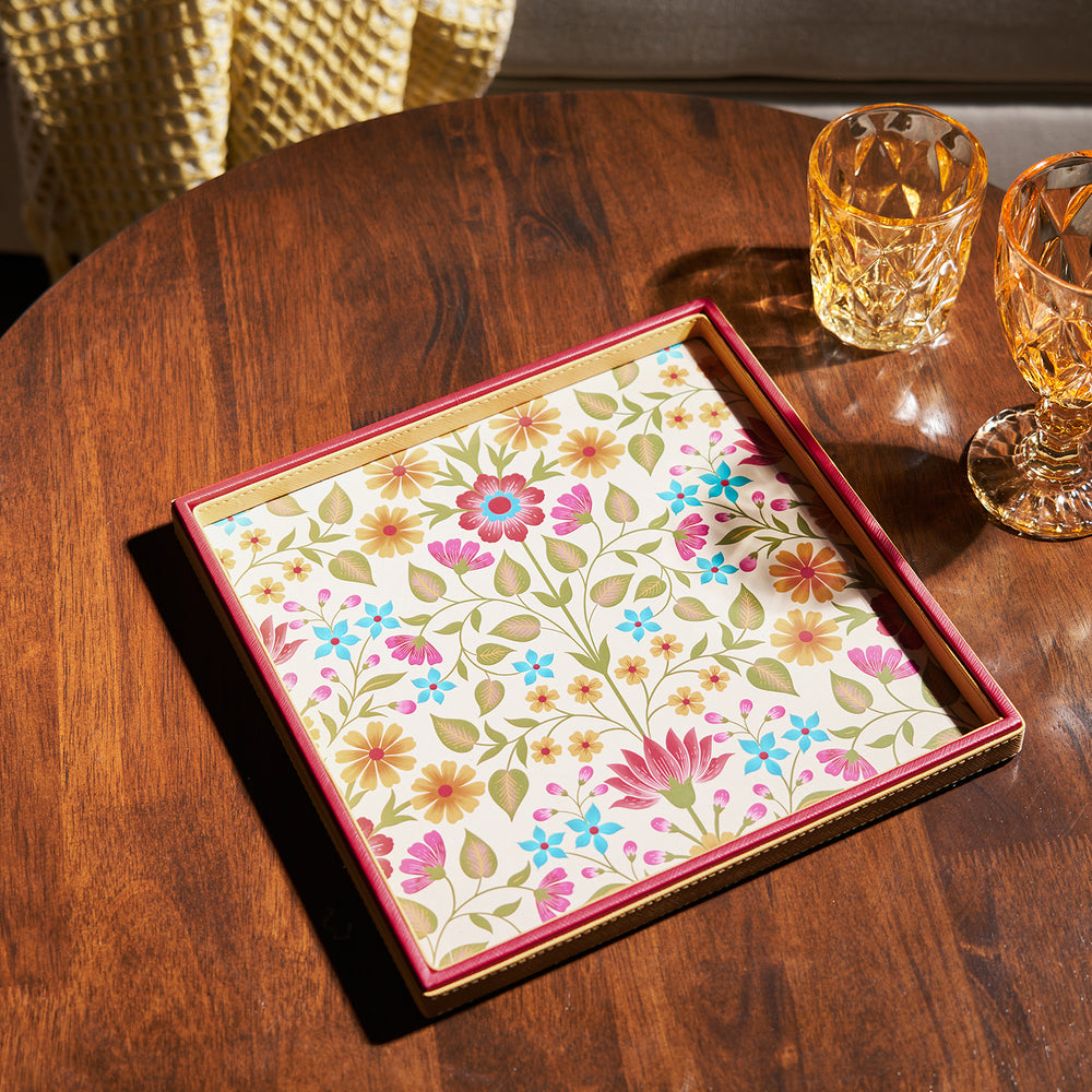 Yellow Floral Print Faux Leather Tray - Medium