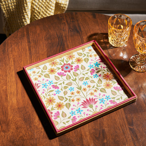 Yellow Floral Print Faux Leather Tray - Medium