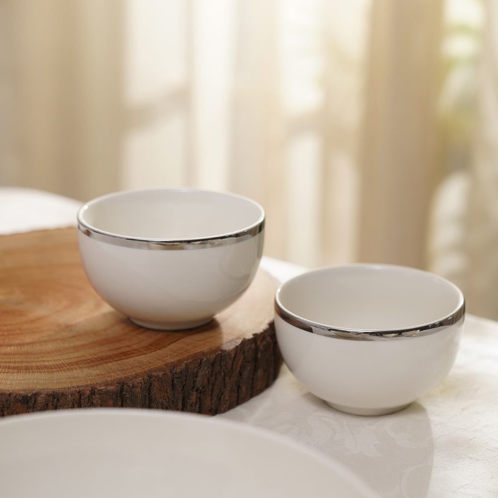 Set Of 2 White Small Bowls with Silver Line