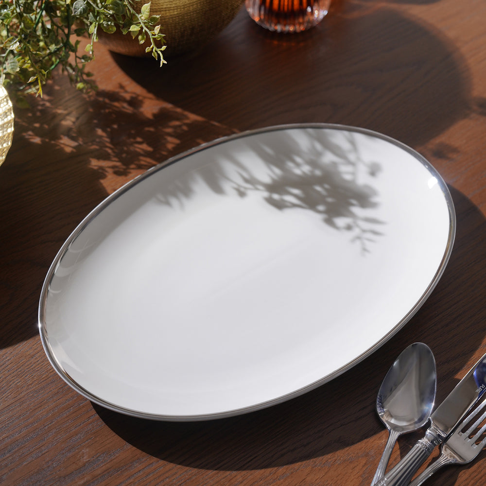 White Rice Platter with Silver Line