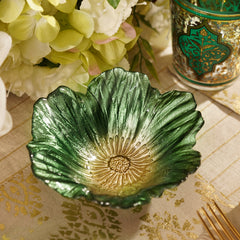 Set of 2 Green and Gold Floral Shaped Glass Small Bowls