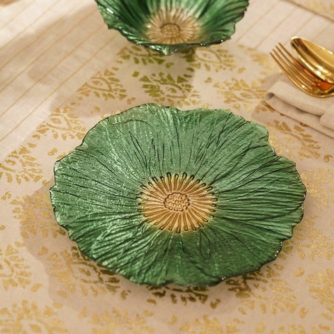 Set of 2 Green and Gold Floral Shaped Glass Dessert Plates