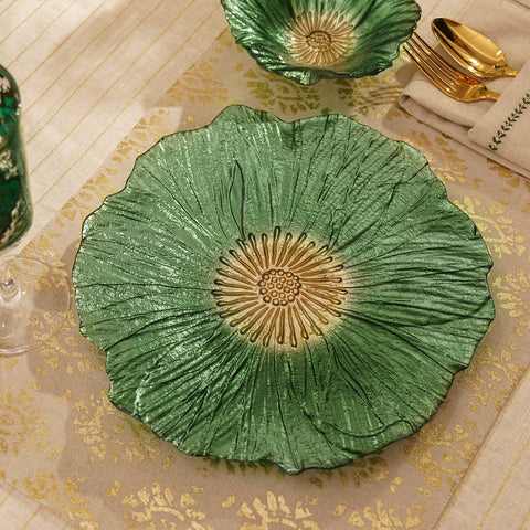 Set of 2 Green Floral Shaped Glass Dinner Plates