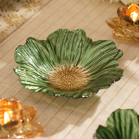 Set of 2 Green Floral Shaped Glass Serving Bowls