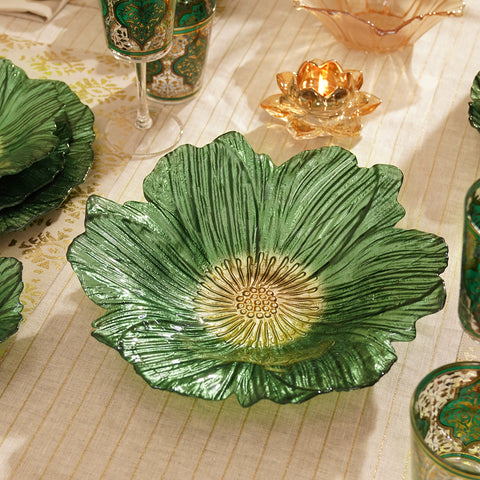 Green Floral Shaped Glass Serving Bowl