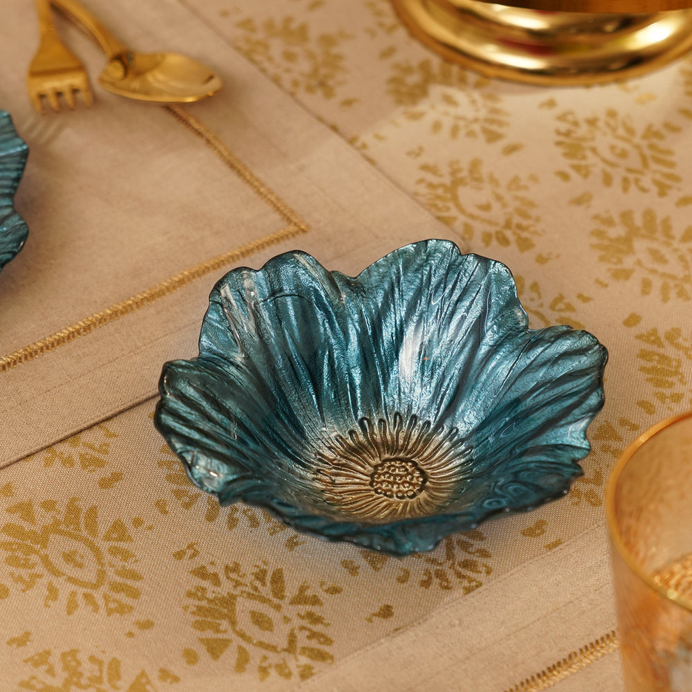 Set of 2 Teal Floral Shaped Glass Small Bowls