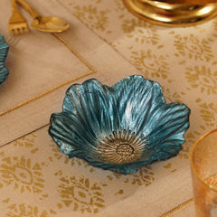 Set of 2 Teal Floral Shaped Glass Small Bowls