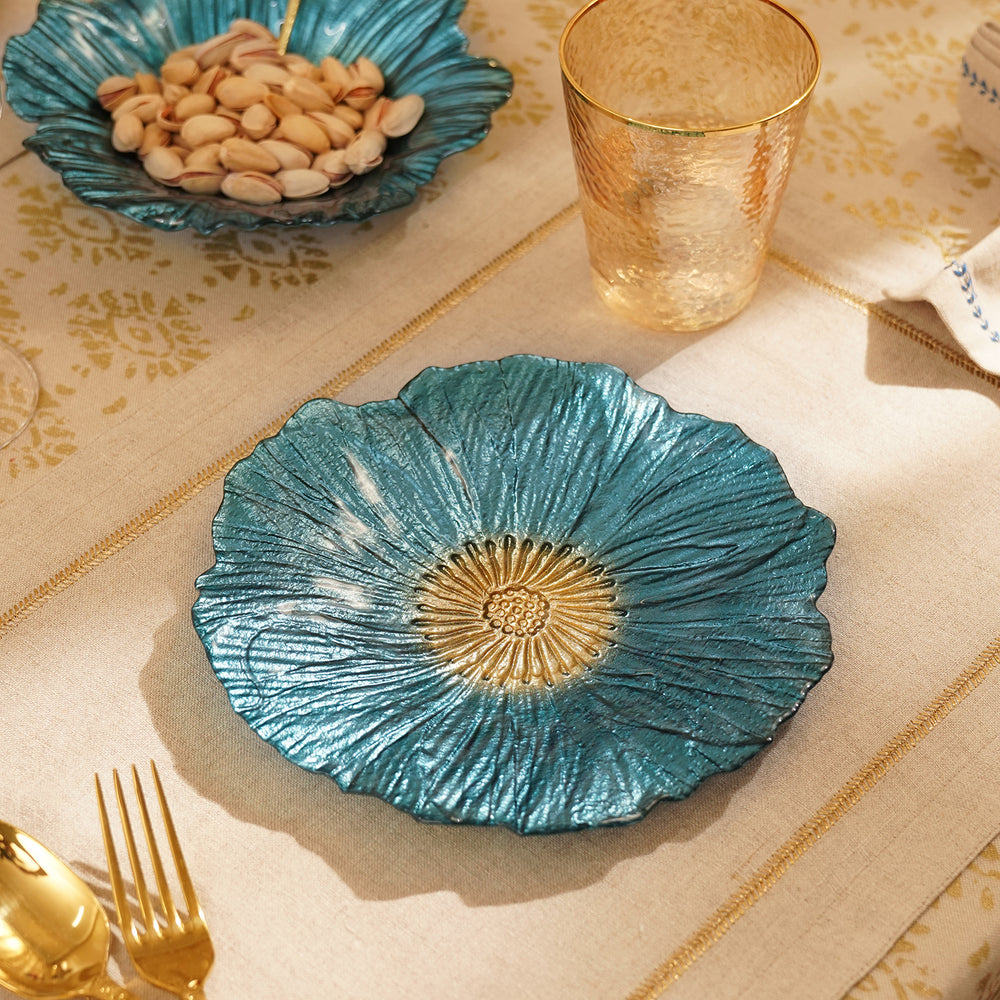 Set of 2 Teal Floral Shaped Glass Dessert Plates