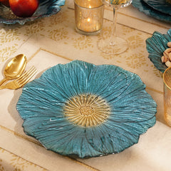 Set of 2 Teal Floral Shaped Glass Dinner Plates