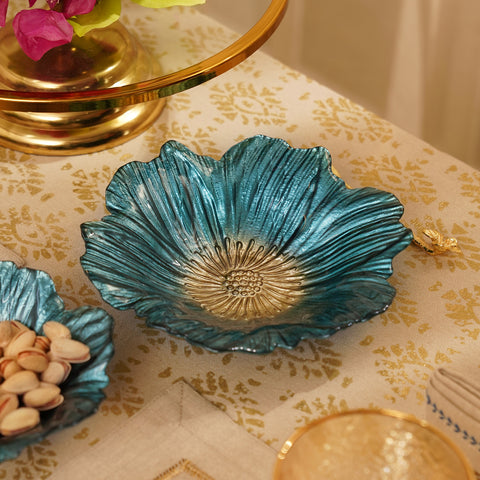 Set of 2 Teal Floral Shaped Glass Serving Bowls