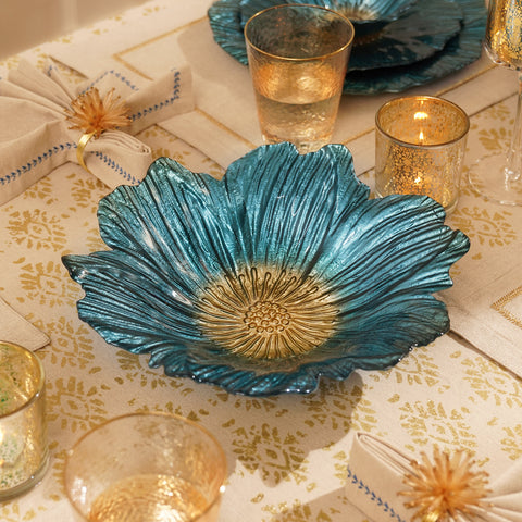 Teal Floral Shaped Glass Serving Bowl