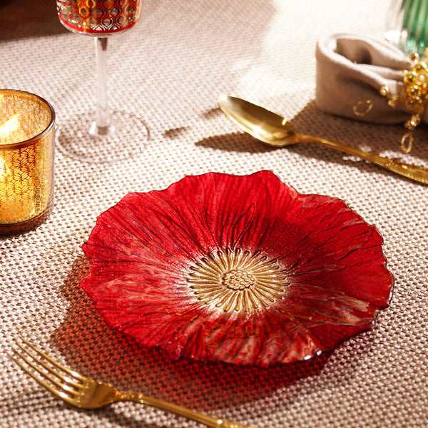 Set of 2 Red Floral Shaped Glass Dessert Plates