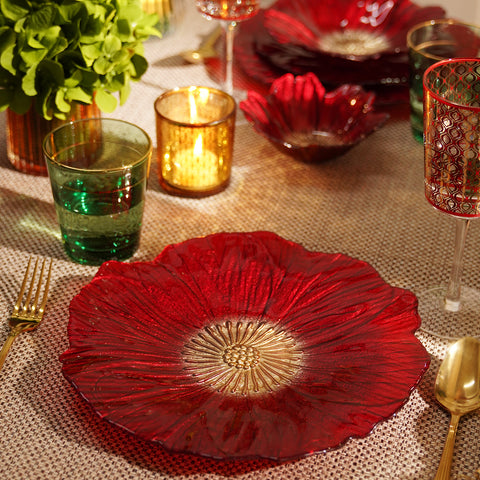Set of 2 Red Floral Shaped Glass Dinner Plates