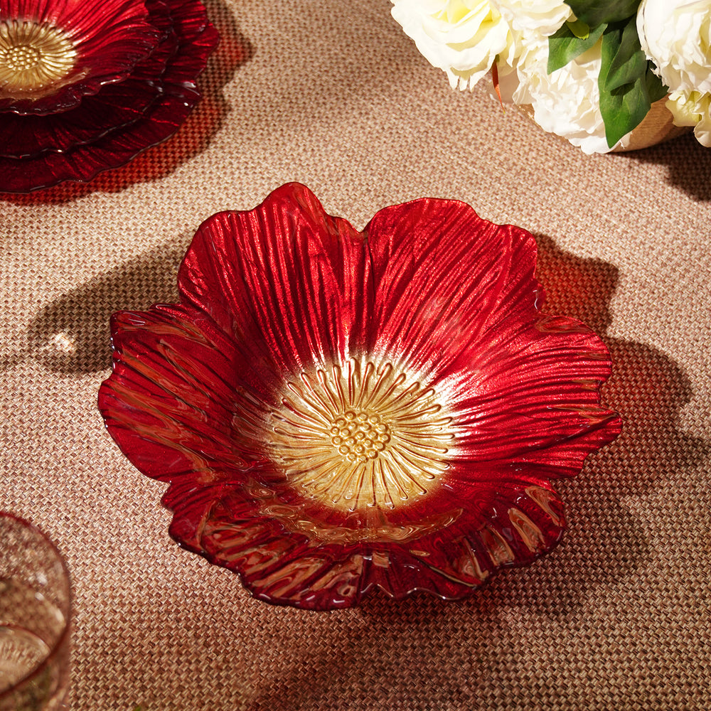 Red Floral Shaped Glass Serving Bowl
