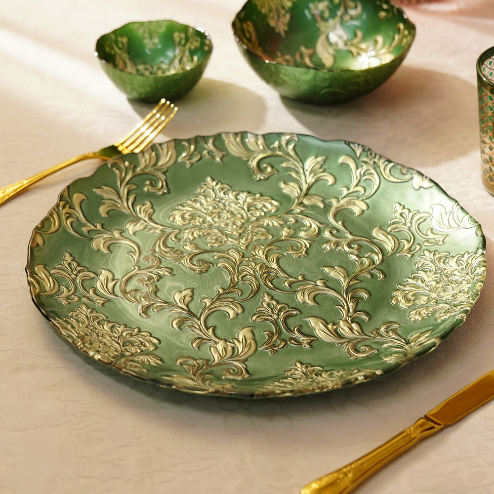 Set of 2 Green Baroque Glass Charger Plates