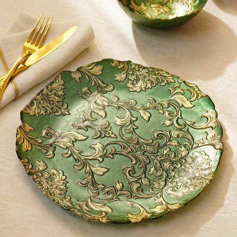 Set of 2 Green Baroque Glass Dinner Plates