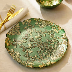 Set of 2 Green Baroque Glass Dinner Plates