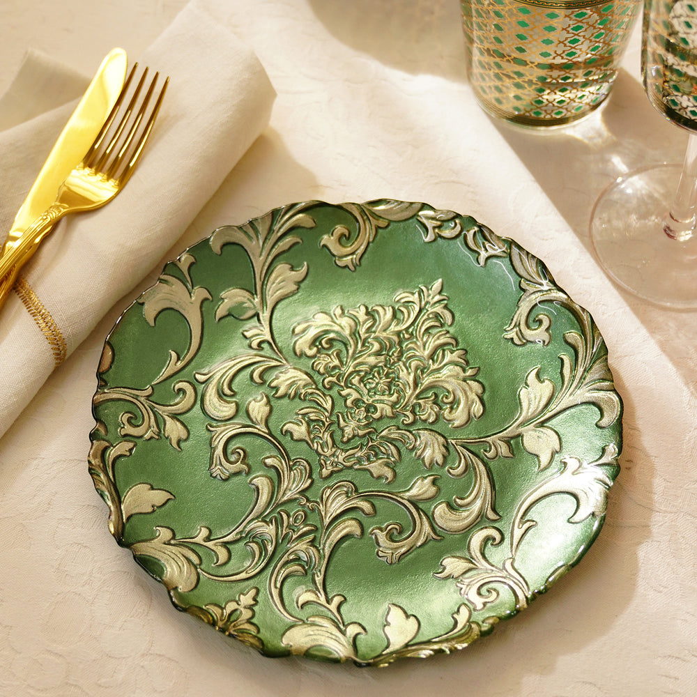 Set of 2 Green Baroque Glass Dessert Plates