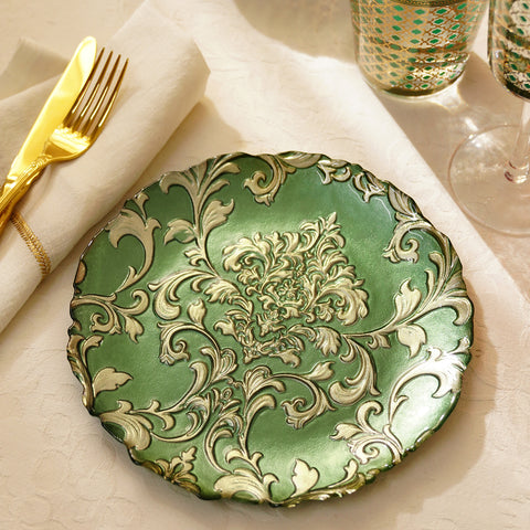 Set of 2 Green Baroque Glass Dessert Plates