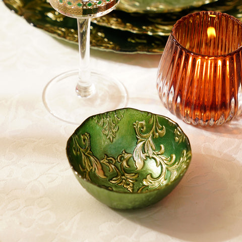 Set of 2 Green Baroque Glass Small Bowls