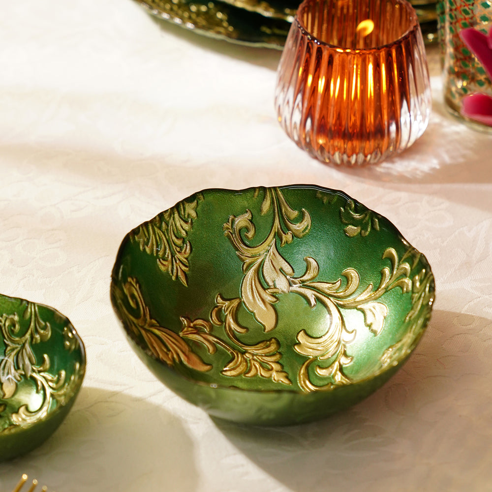 Set of 2 Green Baroque Glass Serving Bowls