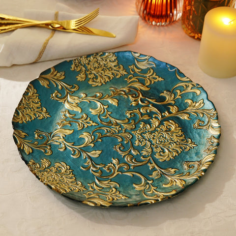 Set of 2 Teal Baroque Glass Charger Plates