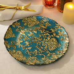 Set of 2 Teal Baroque Glass Charger Plates