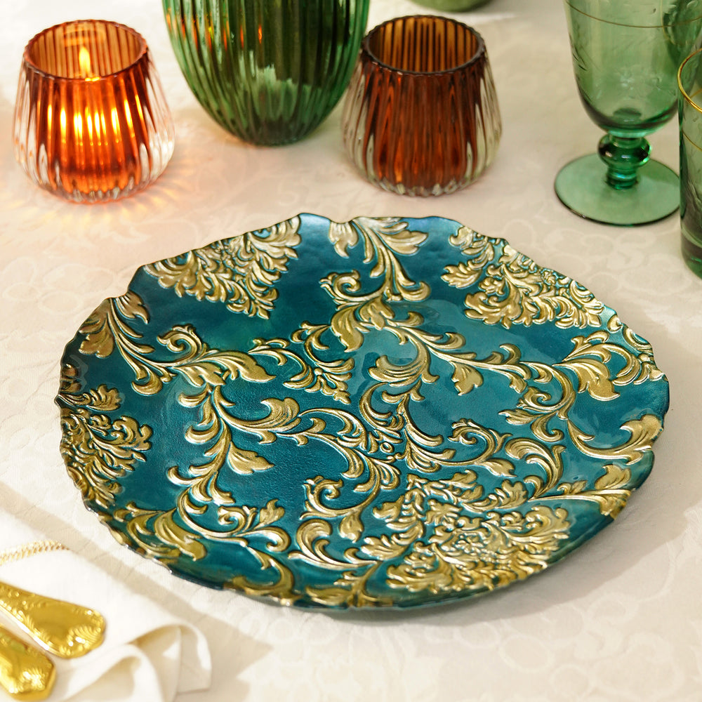 Set of 2 Teal Baroque Glass Dinner Plates