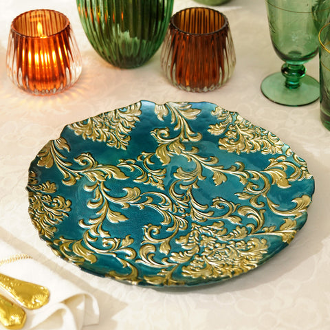 Set of 2 Teal Baroque Glass Dinner Plates