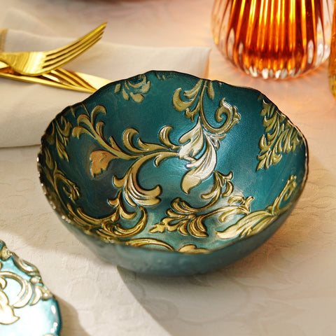 Set of 2 Teal Baroque Glass Serving Bowls