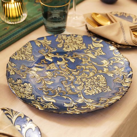 Set of 2 Blue Baroque Glass Charger Plates