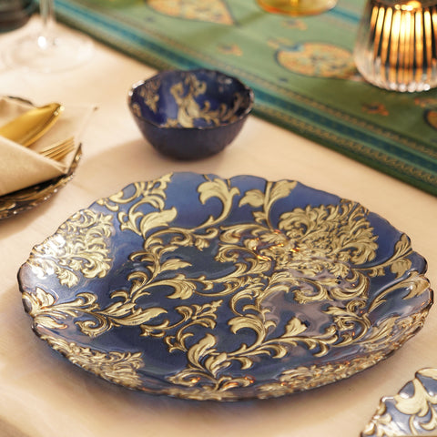 Set of 2 Blue Baroque Glass Dinner Plates