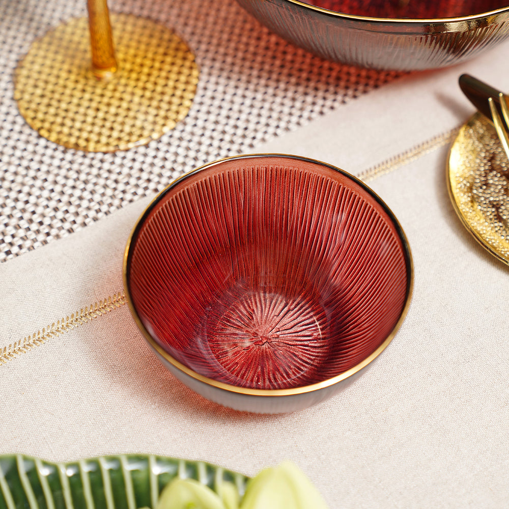 Set of 2 Red Radial Glass Small Bowls