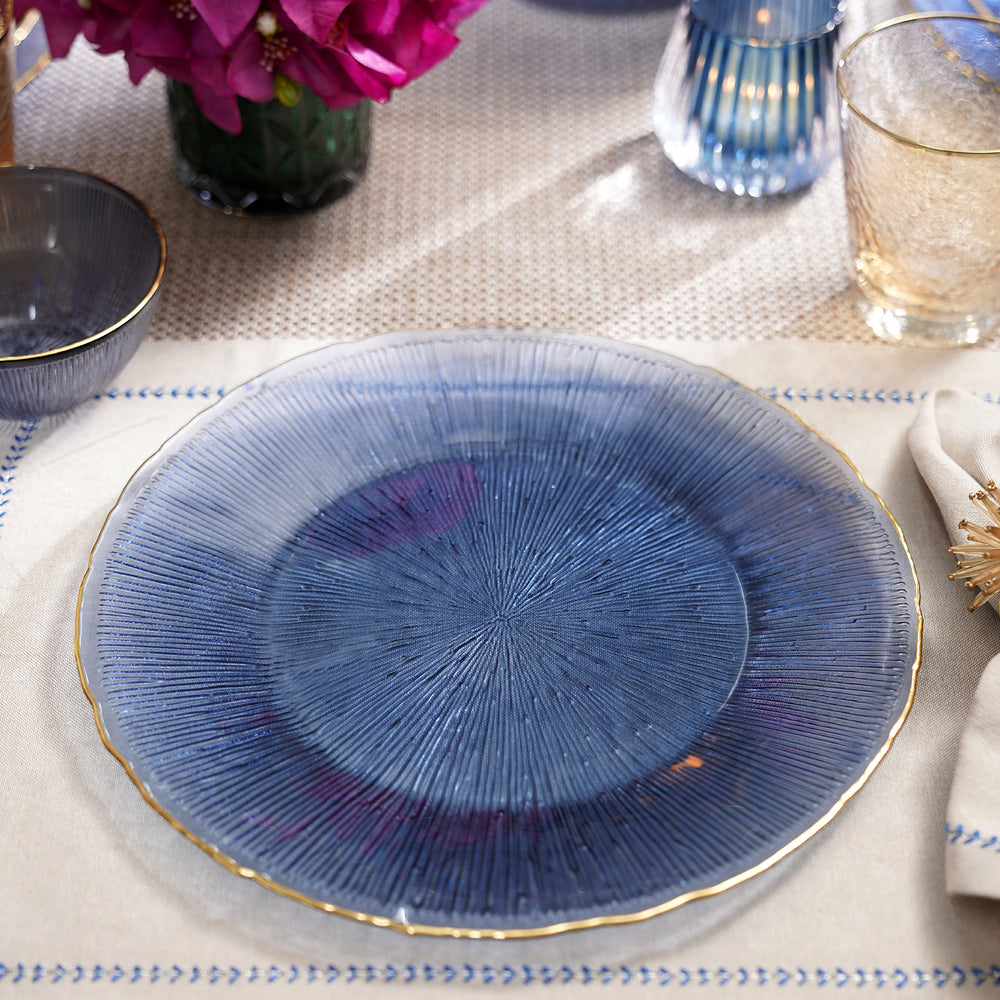 Set of 2 Dark Blue Radial Glass Dinner Plates