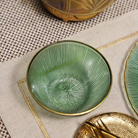 Set of 2 Dark Green Radial Glass Small Bowls
