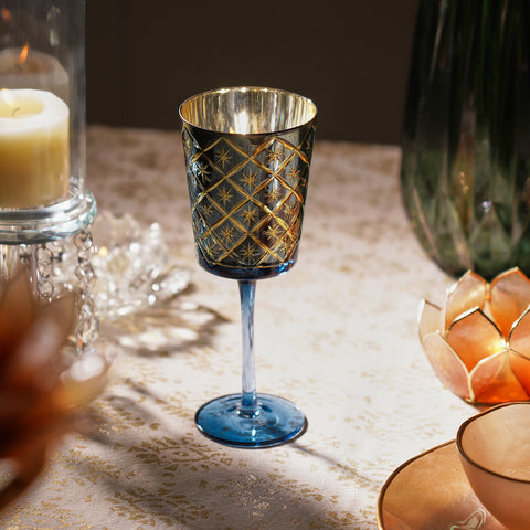 Blue Geometric Pattern Glass Stem Candle Holder