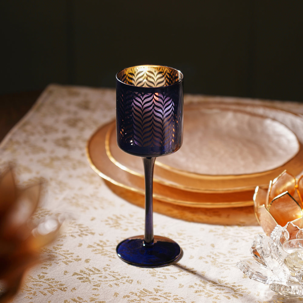 Blue Pattern Glass Stem Candle Holder