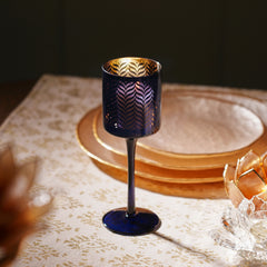 Blue Pattern Glass Stem Candle Holder
