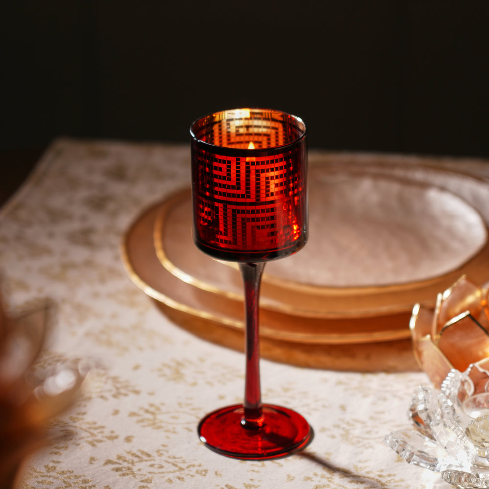 Red Pattern Glass Stem Candle Holder