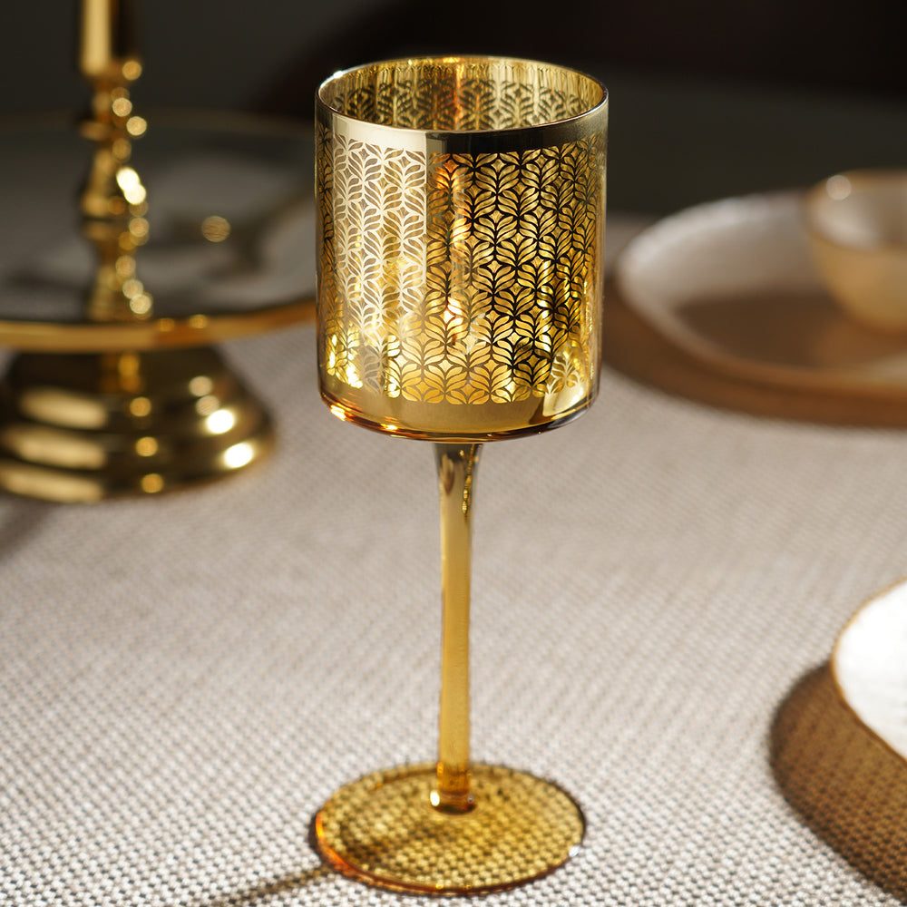 Gold Pattern Glass Stem Candle Holder