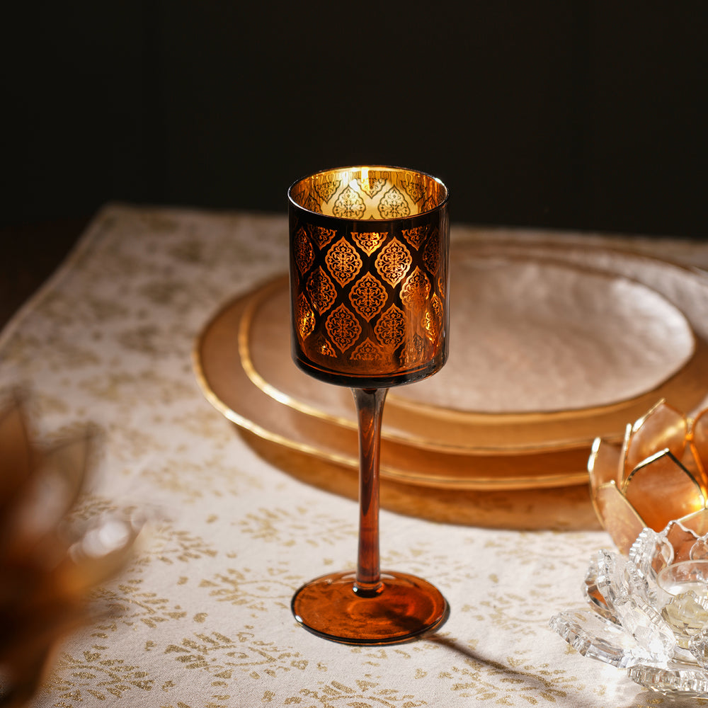 Copper Pattern Glass Stem Candle Holder