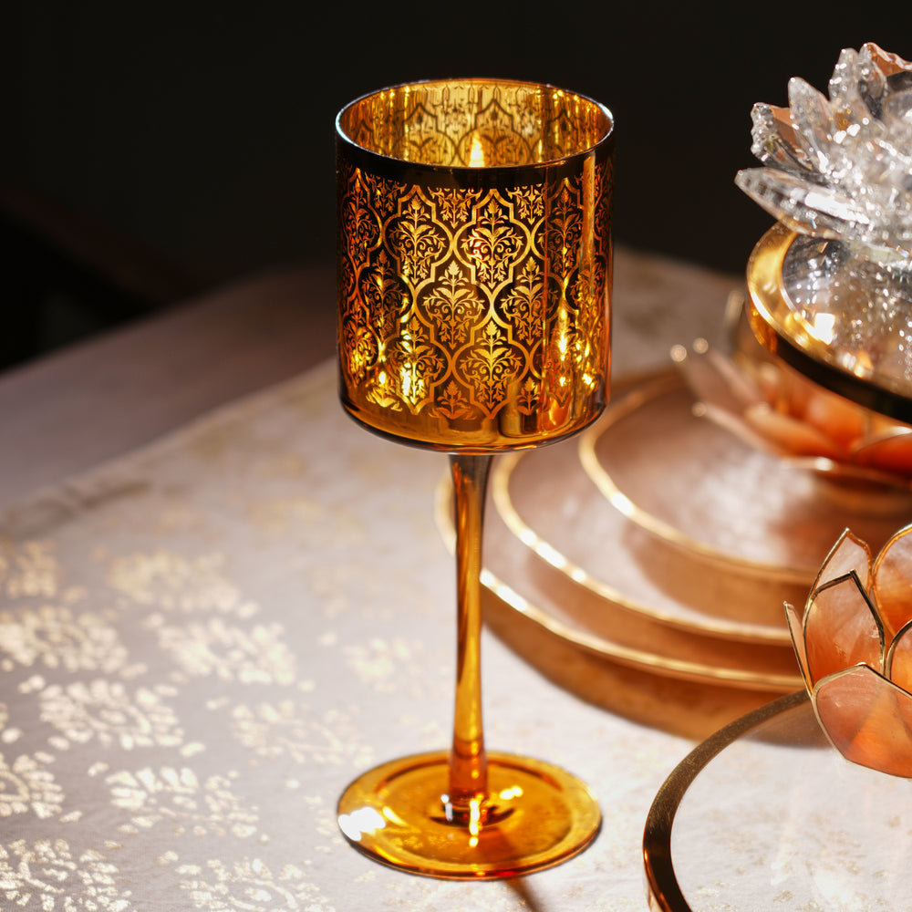 Gold Pattern Glass Stem Candle Holder