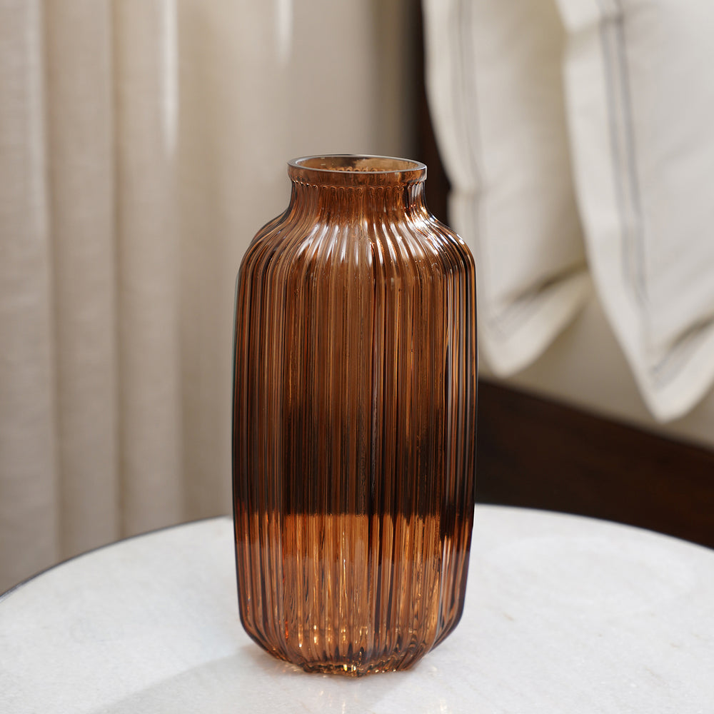 Dark Brown Ribbed Glass Vase - Small