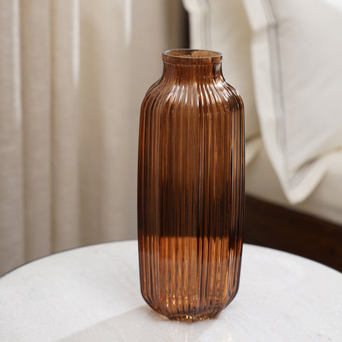 Dark Brown Ribbed Glass Vase - Large