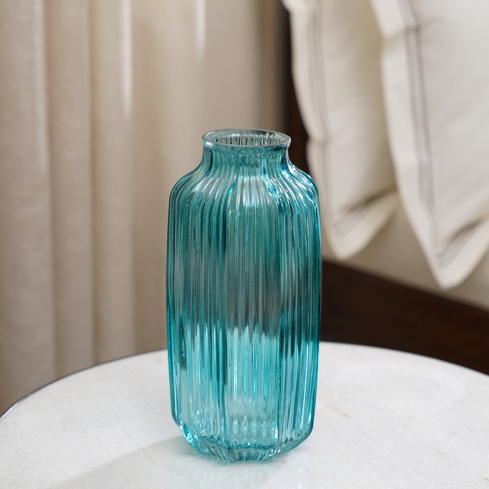Teal Ribbed Glass Vase - Small