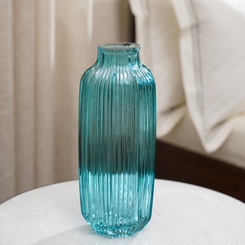 Teal Ribbed Glass Vase - Large