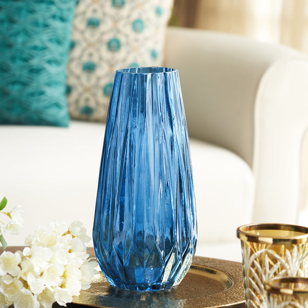 Cobalt Blue Diamond Textured Glass Vase - Large