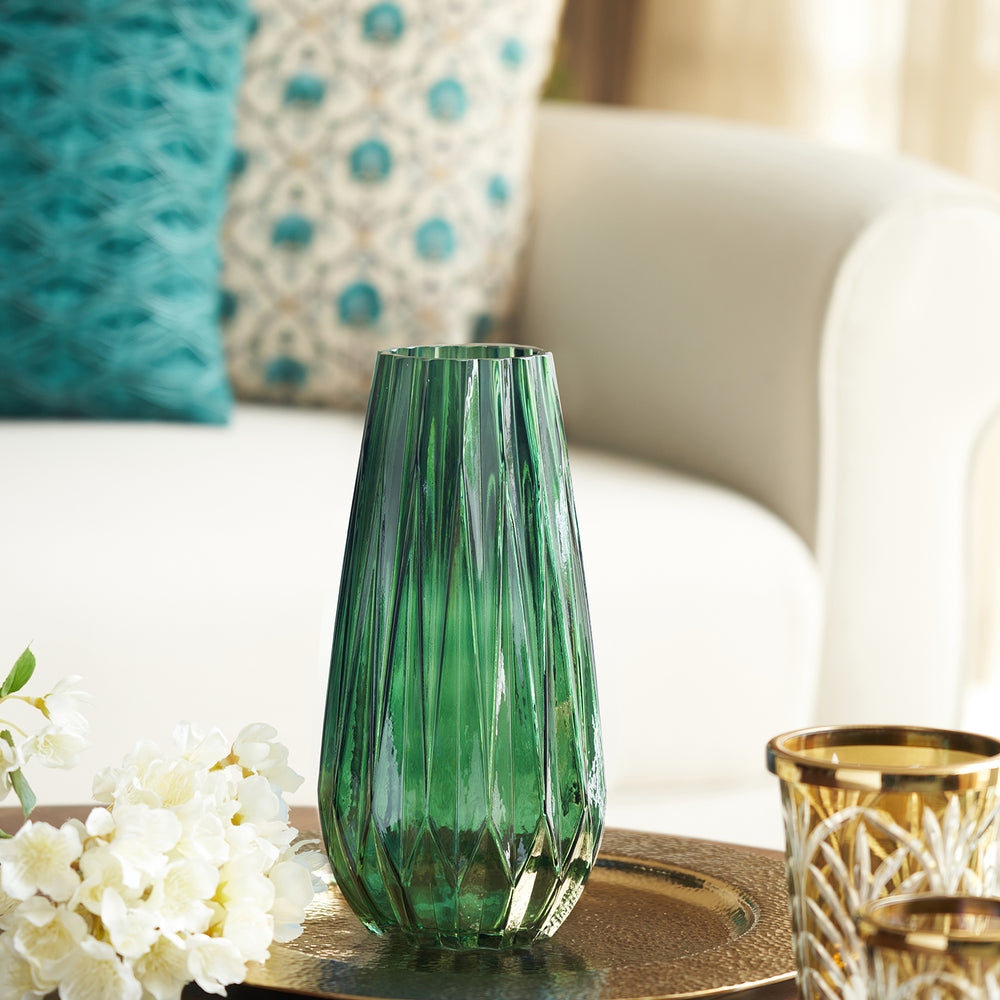 Emerald Green Diamond Textured Glass Vase - Small