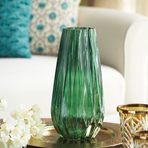 Emerald Green Diamond Textured Glass Vase - Large